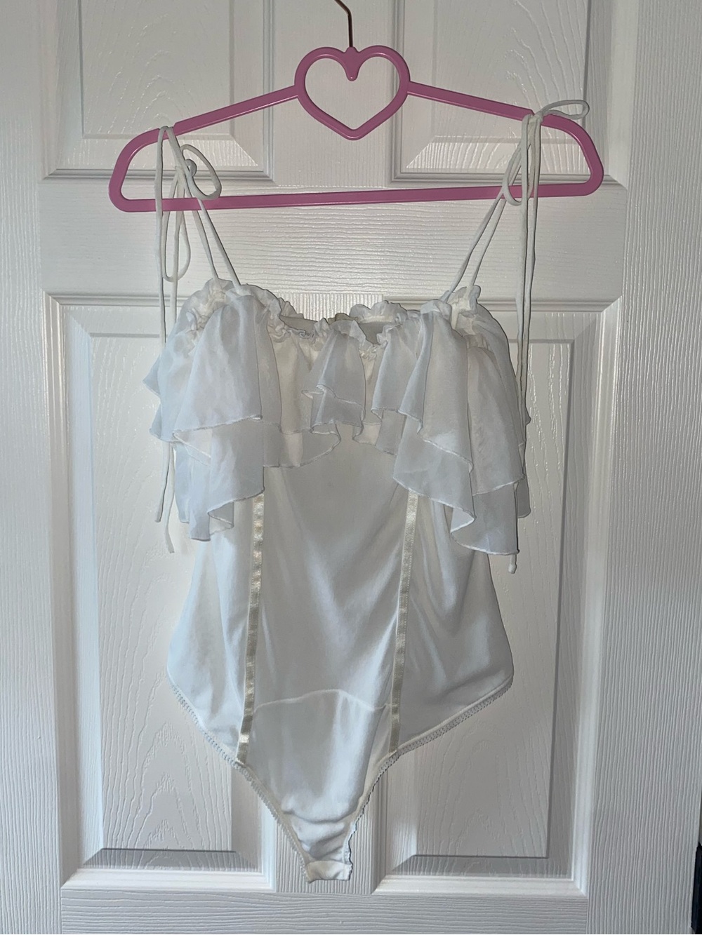 White Ruffle Sheer Bodysuit with Tie-Strap Shoulders
